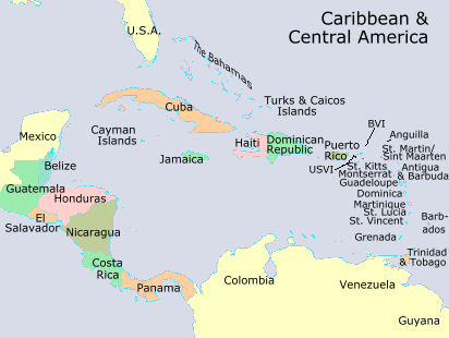 Map of Caribbean and Centtral America